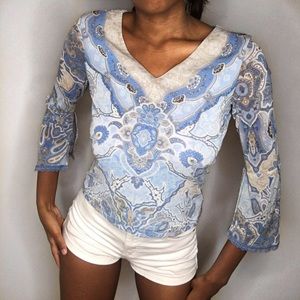 Vintage Preston & York, blue paisley print, bell sleeve blouse